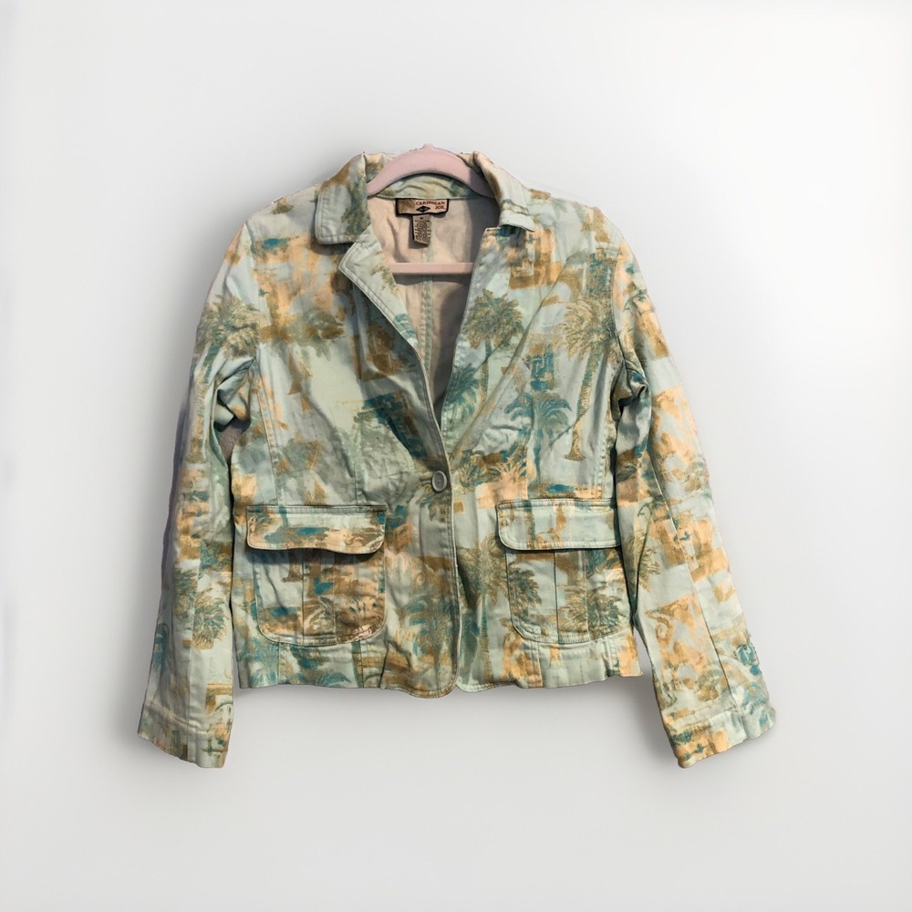 Caribbean Joe Womens Medium Green Tan Tropical Palm Tree Blazer Jacket Stretch